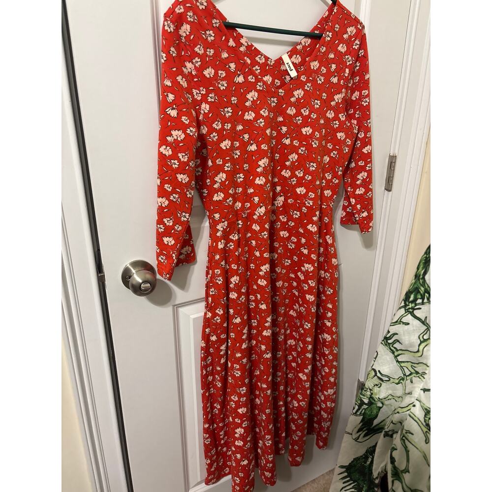 Pact Dakota midi Dress Sz xl red floral v neck organic cotton EUC